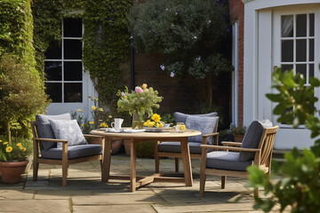 Fototapeta premium Elegant cozy garden furniture on terrace of suburban home