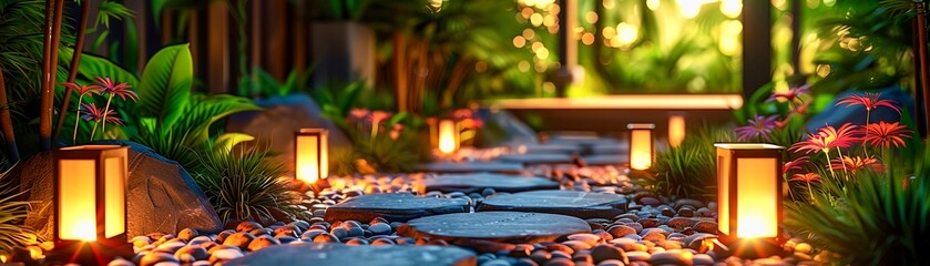 Garden Lighting Decorative lights illuminating a garden at night