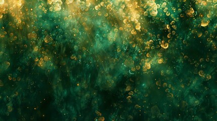Abstract green and gold blend wavy textures light reflections subtle clover shapes. background