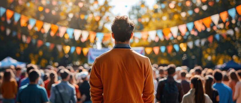 A political campaign event with a charismatic speaker on stage, large crowd of supporters, set outdoors with colorful banners and flags, bright and energetic atmosphere