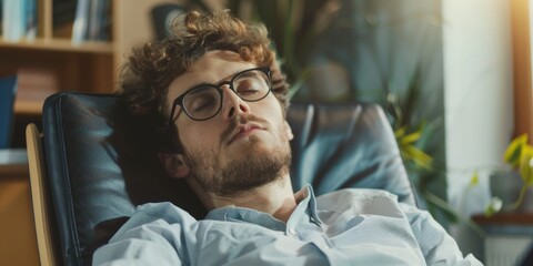 A person lying down in a chair with their eyes closed, possibly relaxing or sleeping