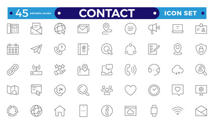Contact outline Icons.Contact symbols - Phone, mail, fax, info, e-mail, support.Contains e-mail, phone, address, customer service, call, website, etc. Editable stroke outline icon.