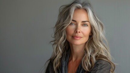 Fototapeta premium portrait of a beautiful middle-aged Caucasian woman with long blond hair looking at the camera, studio shooting, light background