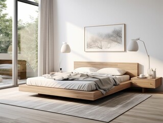 A minimalist bedroom with a neutral color palette, featuring a low platform bed, simple wooden nightstands, and a single piece of abstract wall art. The room has large windows letting in natural light