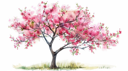 Vector Watercolor Blooming Flower Tree on White Background, Botanical Elements for Spring Garden and Landscape Drawing