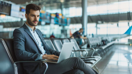 Young Professional Typing on Laptop at Airport