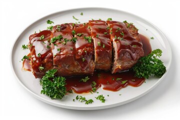 Close-up of glazed, sliced pork loin on a white plate.