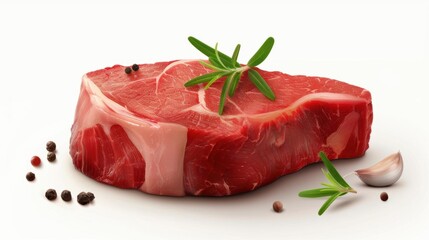 Raw beef steak with rosemary and garlic on white background.