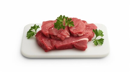 Fototapeta premium Fresh raw beef slices on white plate, garnished with parsley.