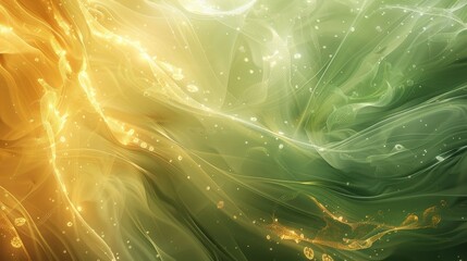 Naklejka premium Green and amber gold background liquid patterns glowing points shamrock hints. background
