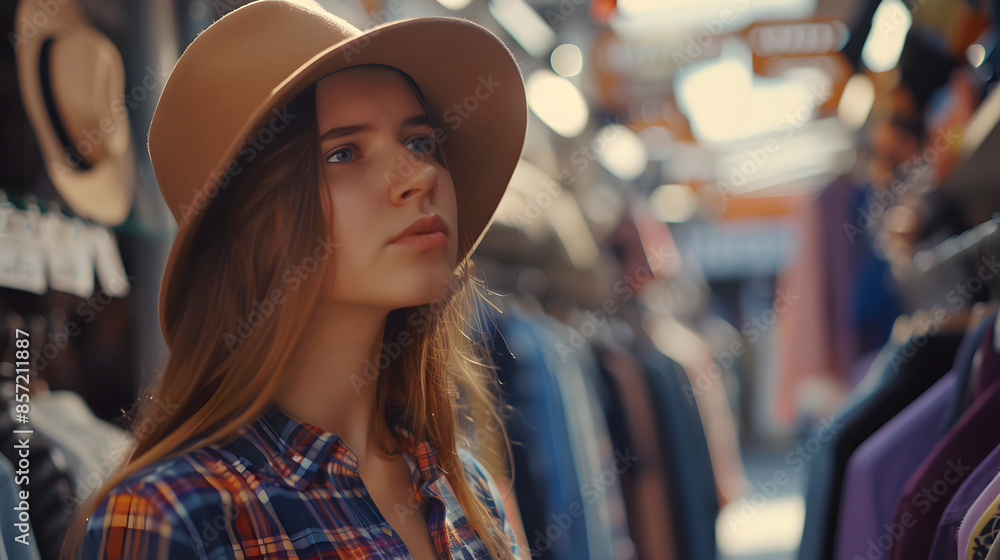 Wall mural girl in a hat in a clothing store