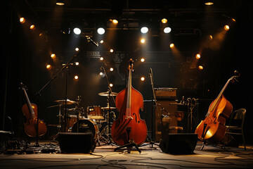 Collection of musical instruments, including double basses and guitars. Orchestra ready for performance on stage under dramatic lighting
