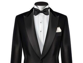 Formal evening wear outfit featuring a black tuxedo, white shirt, and bow tie