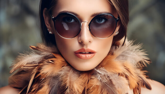 model, mit, fell, pelz, mantel, luxus, sonnenbrille, frau, barun, schwarz, Jetset, winter, mode, fashion, posing, gesicht, make-up, sinnlich, sinnlichkeit, winterlich, federn, dunkel, atelier, studio,