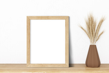 mockup wooden picture frame mockup in boho style, 3d render