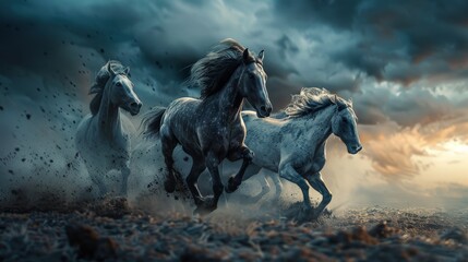 Running horses against the background of a dark storm.