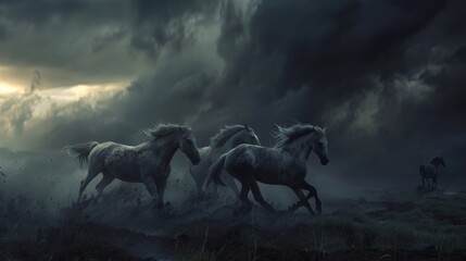 Running horses against the background of a dark storm.