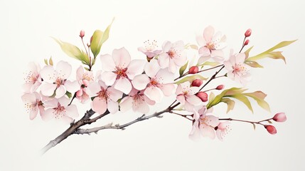 Delicate pink cherry blossoms branch isolated on white background.