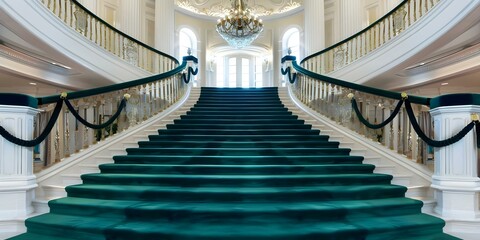 Opulent Mansion Foyer with Emerald Carpeted Stairs, Velvet Rope Balusters, and Chandelier. Concept...