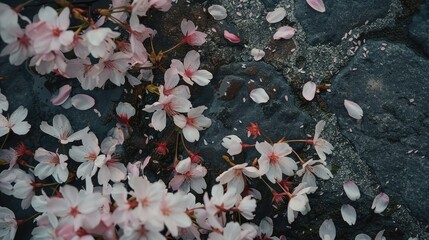 Mountain cherry blossoms scatter to the ground