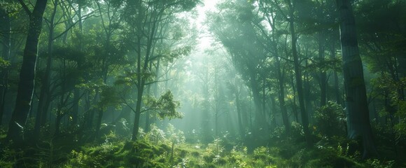 Obraz premium A serene forest with tall, ancient trees and soft sunlight filtering through, captured in