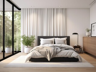 A modern minimalist bedroom with a Scandinavian design. It includes a queen-sized bed with white linens, two sleek black bedside tables, a potted plant, and floor-to-ceiling windows with sheer white c