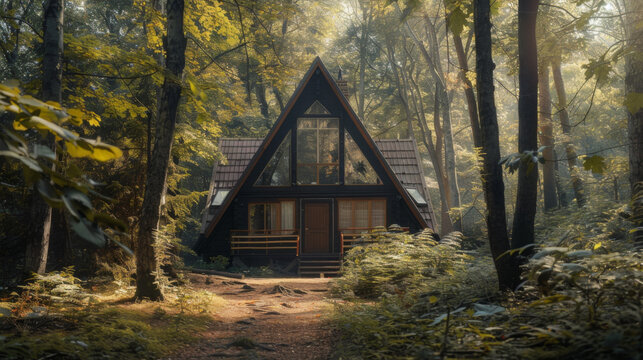 A-frame house cabin in middle of a forest in summer season