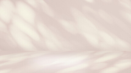 Shadow studio showcase for product presentation. Pink shadows sunshine and leaf reflection on pastel botanical wall and floor in luxury studio room for showcase, podium and premium products display