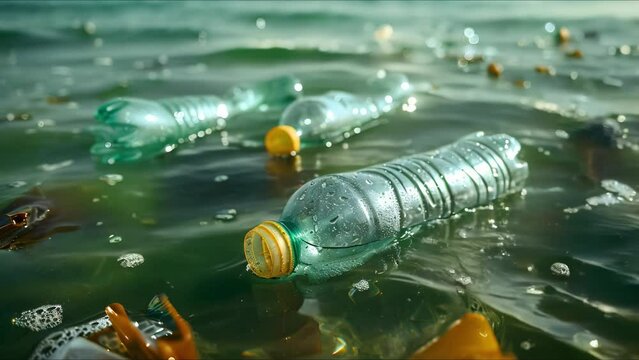 Marine pollution plastic bottles and microplastics in open ocean causing harm. Concept Marine Pollution, Plastic Bottles, Microplastics, Open Ocean, Environmental Harm