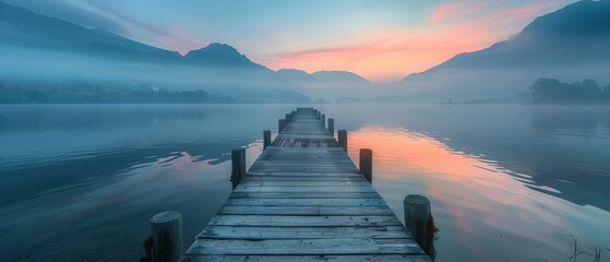 Obraz premium A serene scene of a wooden pier extending into a calm lake at sunrise, with mist rising from the water and mountains in the distance