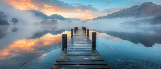 Obraz premium A serene scene of a wooden pier extending into a calm lake at sunrise, with mist rising from the water and mountains in the distance