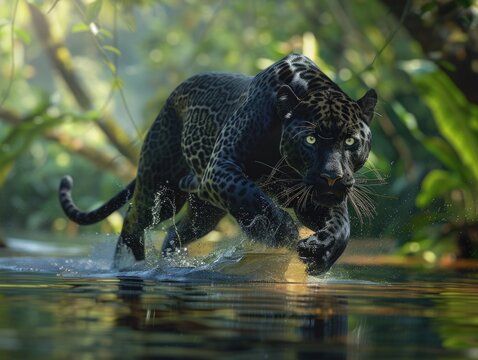A leopard walking through the water