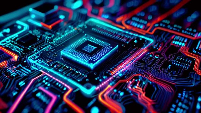 This video shows a close-up of a computer circuit board. The colors are very vibrant and the image is very detailed.