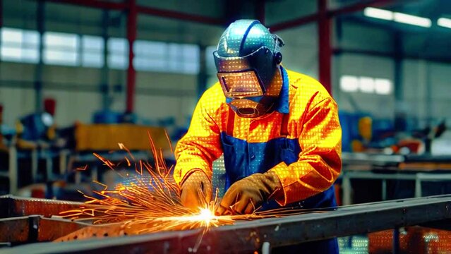 A person wearing protective gear is welding a metal beam with sparks flying.