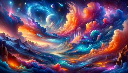 Experience a breathtaking celestial fantasy world where vibrant clouds meet a distant city of lights