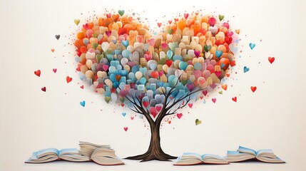 Colorful heart-shaped tree made of books with open books at the base.