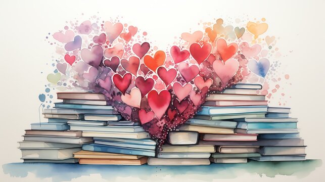 Watercolor illustration of a heart shape made of love hearts emerging from a pile of books.