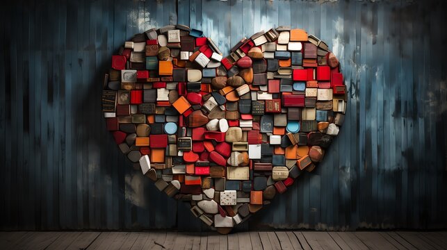 Library Wall Art of a piece of wall art for libraries showing a heart composed of books from different cultures and languages, emphasizing unity and diversity in literature