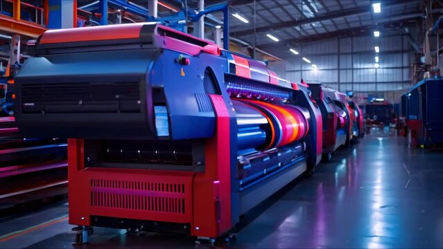 Large digital inkjet printer in a printing facility. Concept Industrial printing, Large format printing, Digital inkjet printer, Printing facility