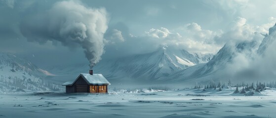 A snowy landscape with a lone cabin and smoke rising from the chimney, in 8k uhd