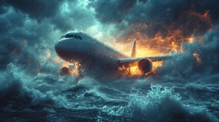 Fototapeta premium The aftermath of a tragic plane crash with a passenger plane. An airliner descending into the tumultuous ocean amid stormy weather.