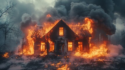Obraz premium Witness the sorrowful sight of a countryside dwelling succumbing to a fire, causing property and housing loss.