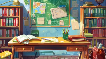School, lesson table, stationery, books, cartoon-style illustration.