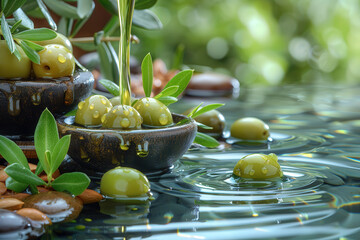 Bottle olive oil placed among olives flowers floating water, creating natural tranquility, spa