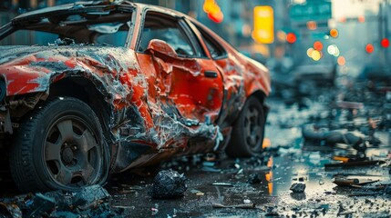 An awful road accident. Damaged cars and bent metal remnants as a result of a collision on an urban street.