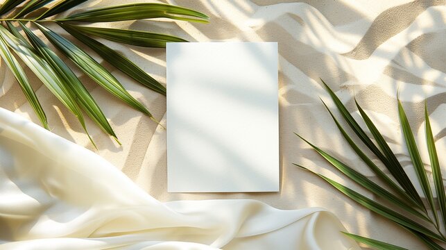 White blank wedding invitation card with palm leaves and sheer fabric on sandy background