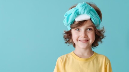 Child with a high fever and a cold compress on the forehead, Fever management, Highlighting home care techniques for fever