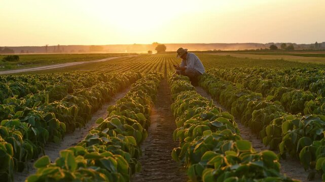 Squatting farmer using smartphone in cultivated soybean seedling field in sunset