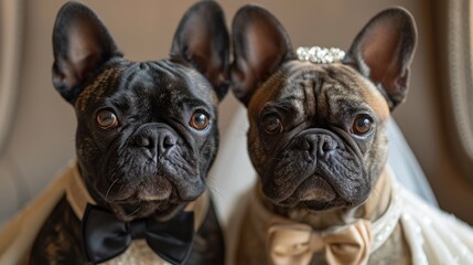 Two dogs elegantly dressed in tuxedos posing for a portrait in a fashion-forward setting