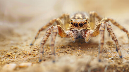 Close-up brown spider on sandy surface, horrible pest creepy eight legs